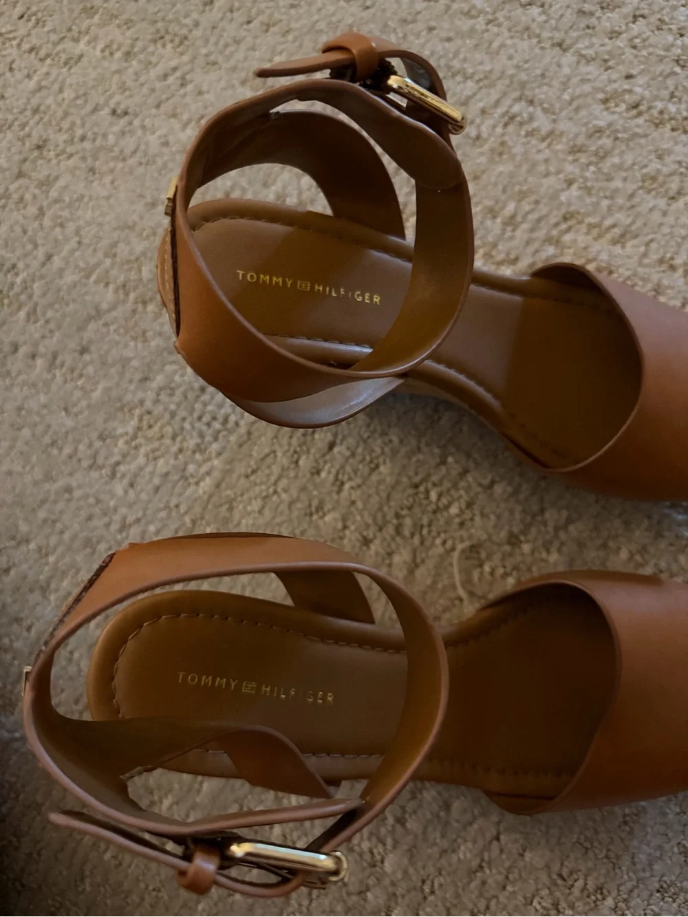 Tommy Hilfiger Cognac Leather Cork Wedge Sandals